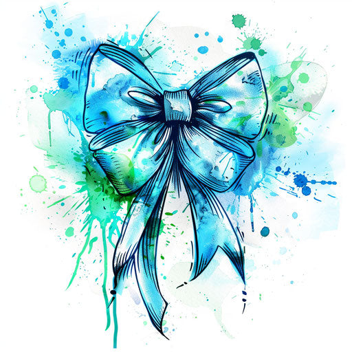 Artistic sketch of a bow with blue and green watercolor splashes