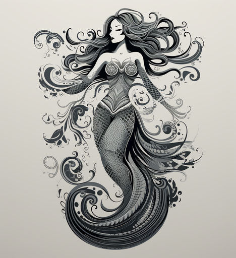 Mermaid dancing on grey background, tribal abstraction style, exaggerated poses, black and white drawings, eastern and western fusion, tattoo, uhd image, arabic/farsi calligraphy 32:35