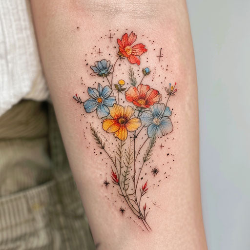 Wildflower tattoo with stars and cosmic elements