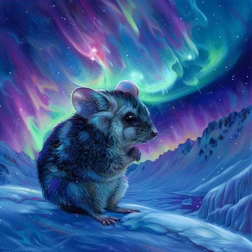 A mountain pygmy possum navigating a snowy landscape under the Northern Lights