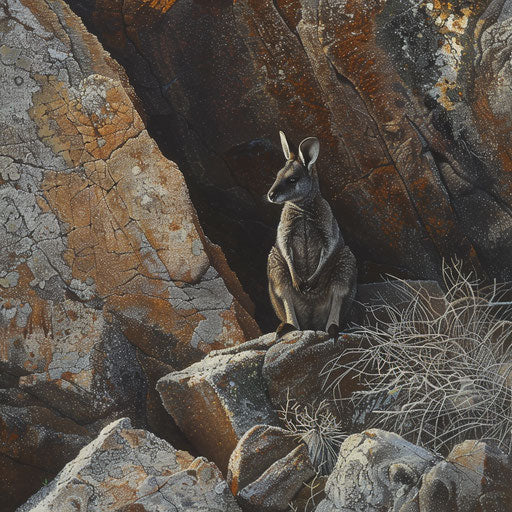 Black-flanked Rock Wallaby seeks shelter under shaded boulder
