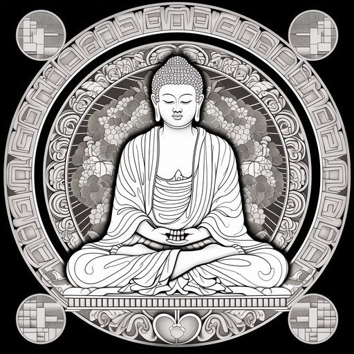 Black and white mastery, Buddha illustration drawing, tarot style