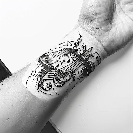 Flat tattoo sketch of a wrist band with musical notes and clefs intertwined