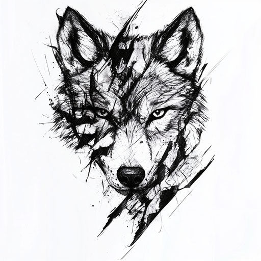 Stylized wolf tattoo, abstract design, white background