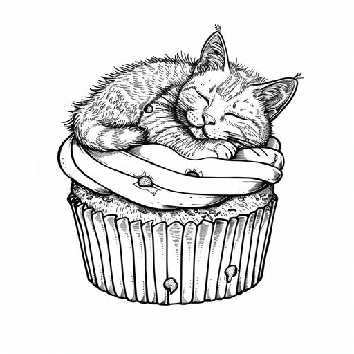A cupcake with a cute cat sleeping on top