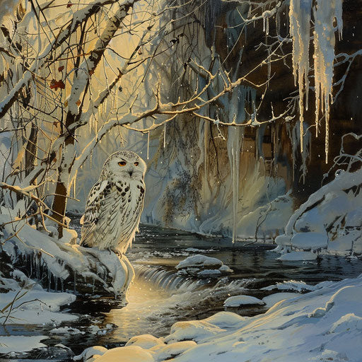White owl perched near a frozen stream