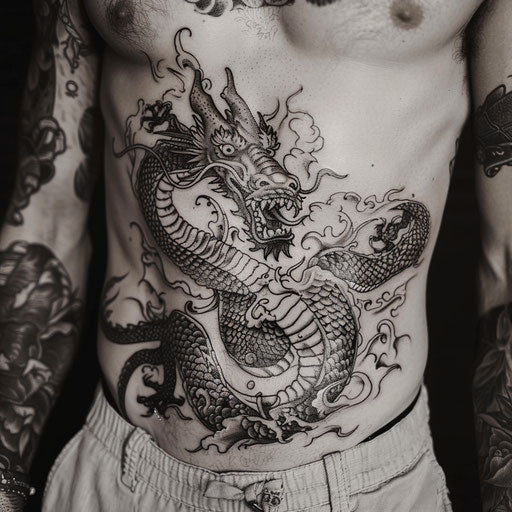 Men's Stomach Tattoos of a Dragon, in the Style of Guy Aitchison