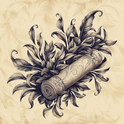 Dynamic sketch of sage leaves around an ancient scroll