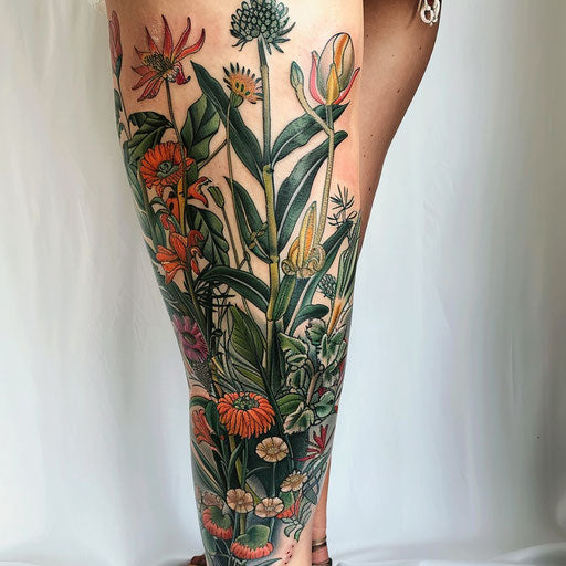 Botanical-themed leg sleeve tattoo illustration