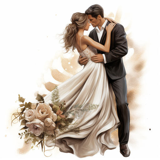 Wedding cartoon clipart in Chiaroscuro Art style on white