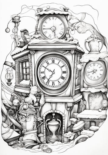 Christmas with clock and decorations, meticulous inking style