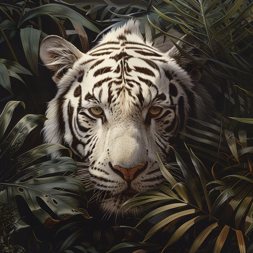 Piercing gaze of a white tiger in dense jungle