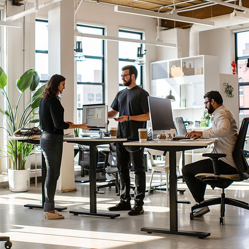 Productive office environment with employees at standing desks