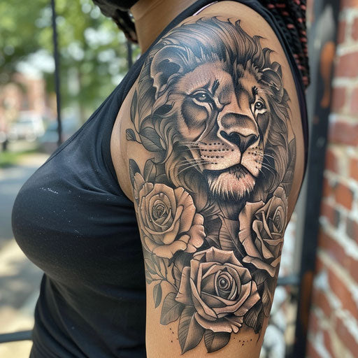 Realistic black and gray lion and roses half sleeve