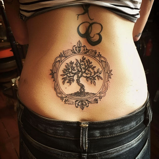 Spiritual tattoos of a tree of life, Maria Sibylla Merian style, lower back