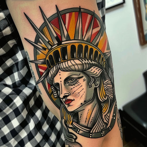 Neo-traditional tattoo sketch of the Statue of Liberty