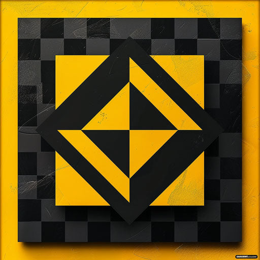 Classic logo design art in black and yellow, on a checkered background