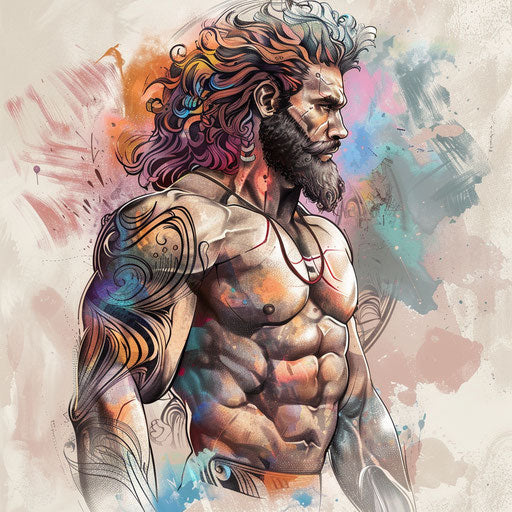 Elegant tattoo sketch of Hercules wearing the Nemean lion skin, with pastel colors