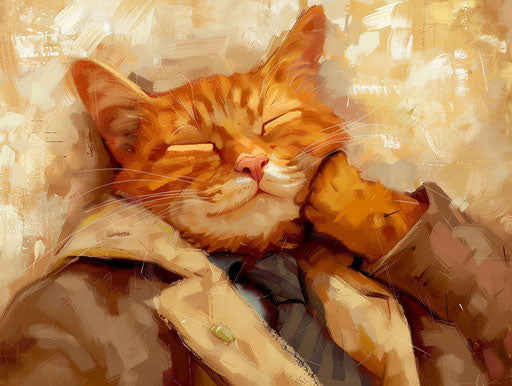 An orange cat naps in an office outfit