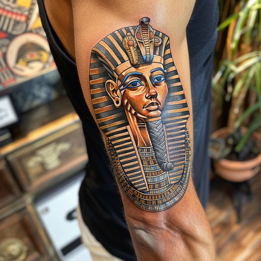 Ancient Egyptian arm tattoo in the style of Ami James