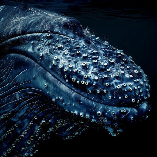 Blue whale with barnacles on skin, in style of Elke Vogelsang