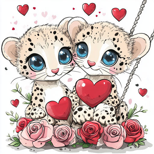 Two baby cheetahs on Valentine's Day, swinging with roses and hearts