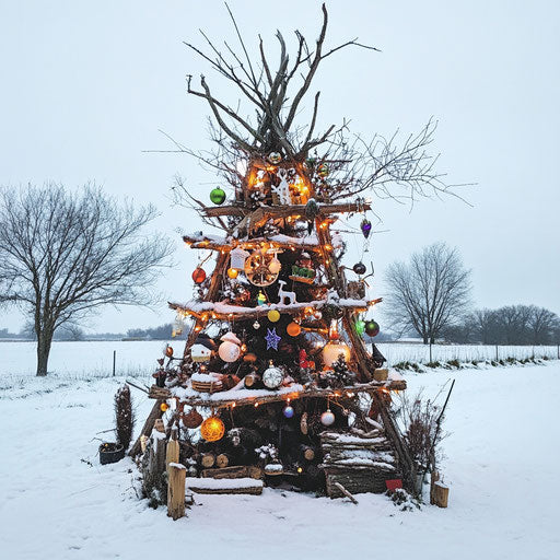 Whimsical outdoor Christmas tree with solar-powered lights and natural ornaments in snowy meadow.
