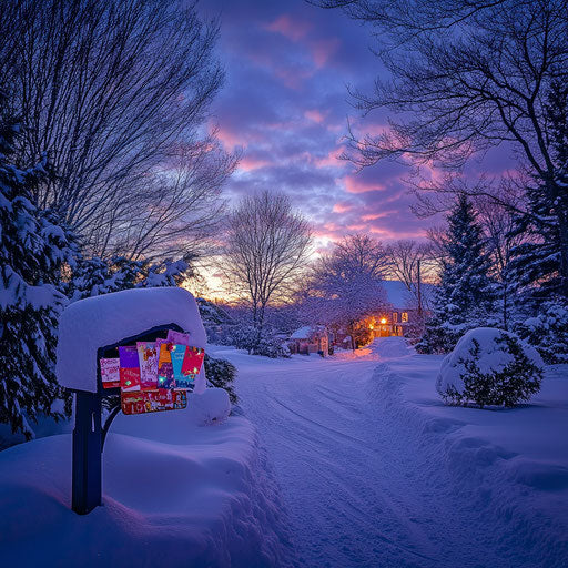 Mailbox filled with colorful Christmas cards at dusk
