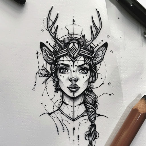 Whimsical flat tattoo sketch of Artemis with cartoon deer and playful motifs