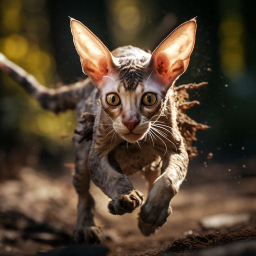 Cornish rex cat in full sprint
