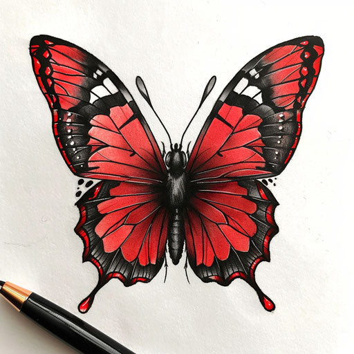 Bold red butterfly with black outlines in a clipart style tattoo sketch