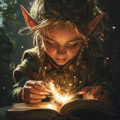 Young elf casting spells, sparks from fingertips