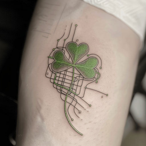 Futuristic shamrock tattoo in glowing cyber green lines on white high-tech background
