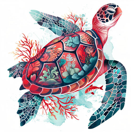 Whimsical sea turtle with coral and seaweed pattern