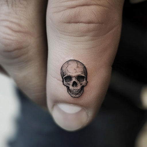 Detailed tiny skull tattoo on thumb