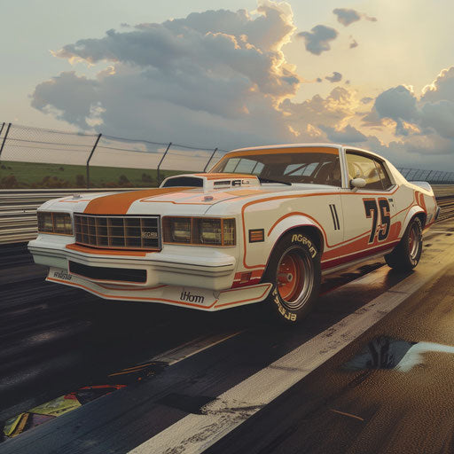 Vintage race 1976 Malibu Classic, with number decals and racing stripes, on a historic track