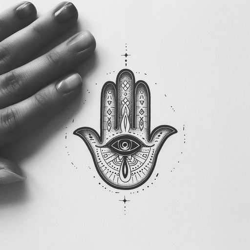 Minimalist hamsa tattoo design in black and white