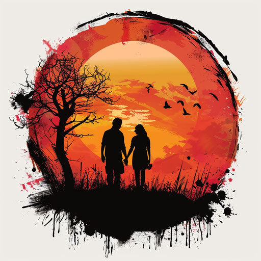 Romatic sunset tattoo sketch with couple holding hands silhouettes, red and orange, clipart style
