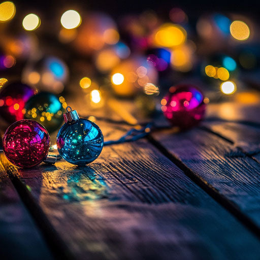 Vibrant display of multicolored Christmas bulbs on dark wooden table