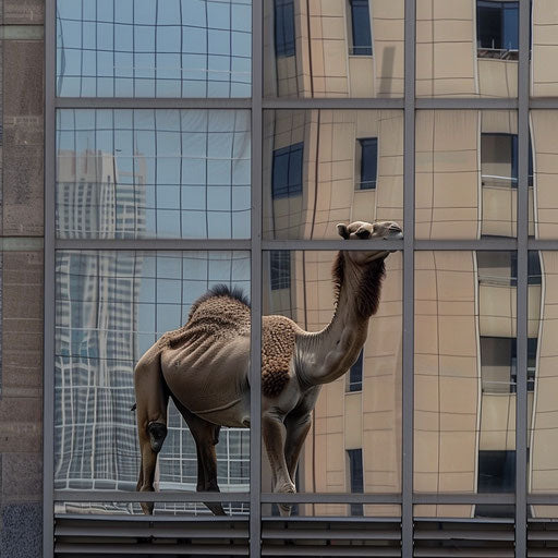 Graceful camel's reflection in a modern desert metropolis.