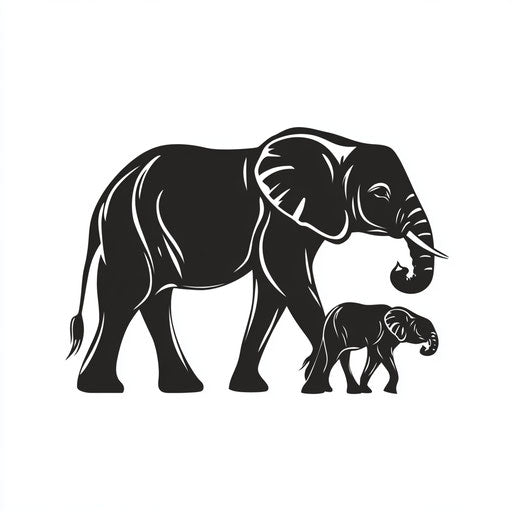 Silhouette of mother and baby elephant tattoo on white