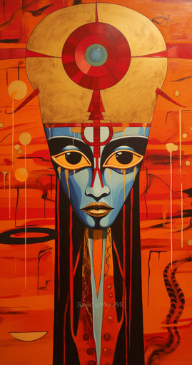 Egyptian ankh with an eye, womancore style, colorful moebius