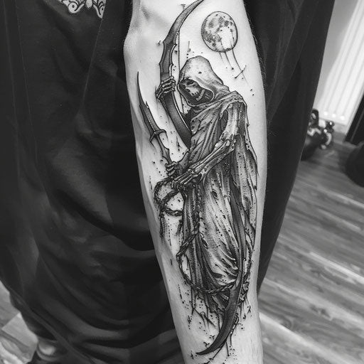 The grim reaper moons and scythes tattoo design