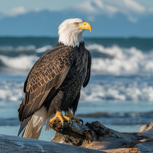Bald eagle perched on driftwood, watching ocean waves