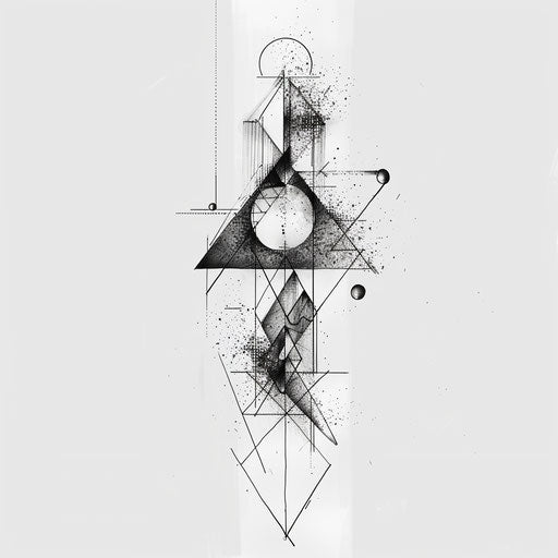 Innovative geometric tattoo sketch combining digital pixel elements with traditional shapes, rendered on a bright white canvas