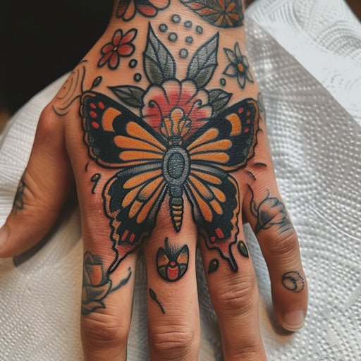 Butterfly hand tattoo with classic American style