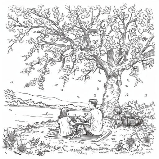 Family picnic under blossoming cherry tree