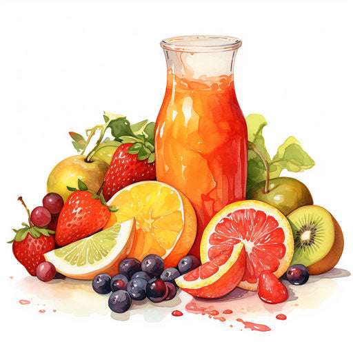 Fruit juice clipart in the style of oil painting, on white background