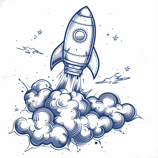 Charming flat tattoo sketch of a small rocket zooming past fluffy clouds, sky blue and white, clipart design