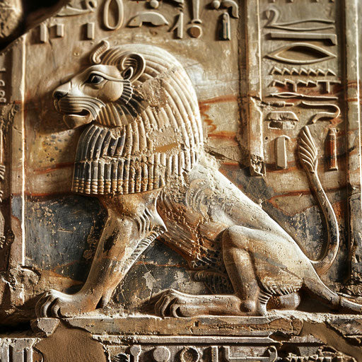 Ancient scene of sacred lions in Egyptian hieroglyphs